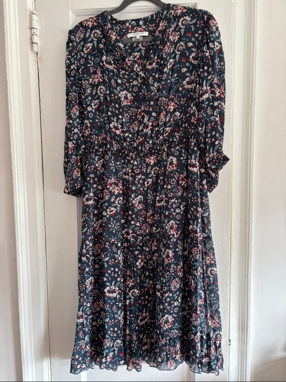 Gerard Darel Floral Midi Dress Navy Viscose Boho 3/4 Sleeve Size [44]